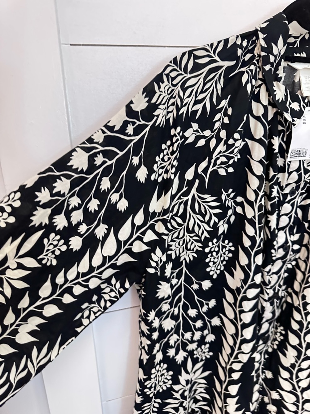 NWT H&M XL cotton black-white floral button long sleeve midi A-Line ruffle dress - Picture 8 of 16